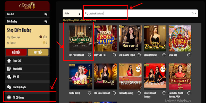 Tham gia Live Peek Baccarat tại Live Casino House